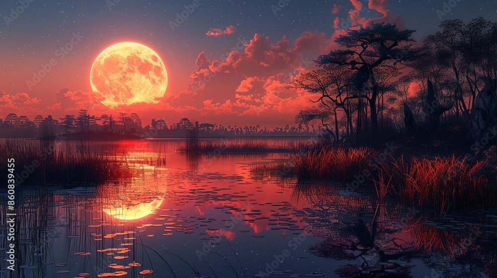 Imagine a chromatic reflection of endangered species in a moonlit lake, blending natural beauty with futuristic allure in a serene, surrealistic setting. Illustration, Minimalism, Imagine a chromatic reflection of endangered species in a moonlit lake, blending natural beauty with futuristic allure in a serene, surrealistic setting. Illustration, Minimalism,