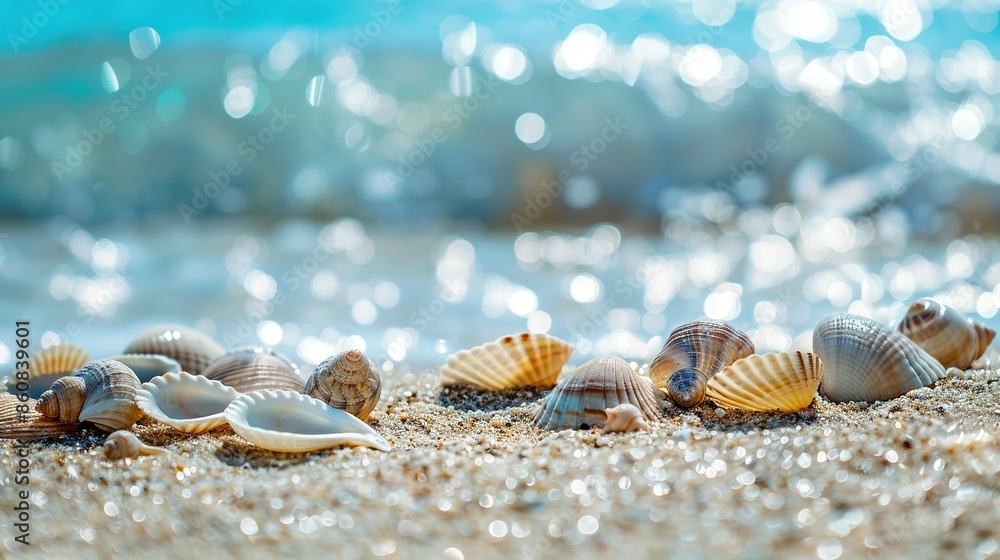 Serene Seaside Getaway: Sandy Beach with Seashells and Plenty of Copy Space for Imagery Serene Seaside Getaway: Sandy Beach with Seashells and Plenty of Copy Space for Imagery