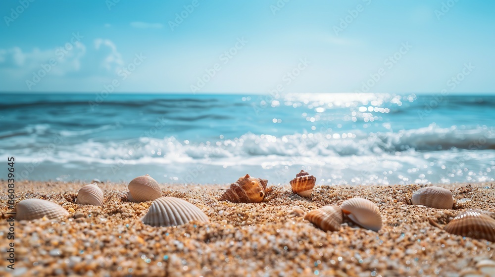 Obraz premium Serene Seaside Getaway: Sandy Beach with Seashells and Plenty of Copy Space for Imagery