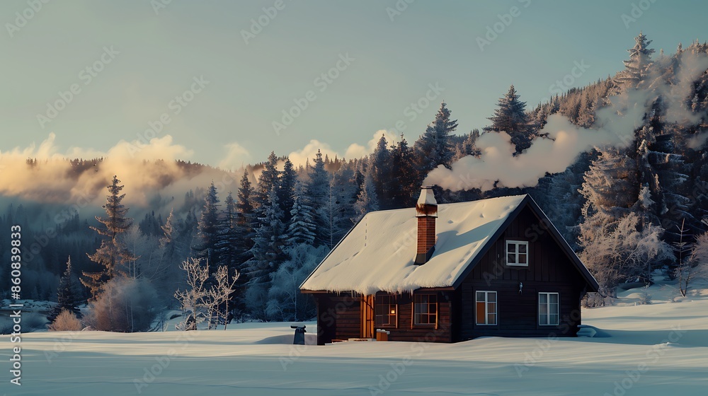 cozy chalet with dark walnut siding, nestled in a snowy alpine landscape, smoke curling up from its chimney into the crisp winter air cozy chalet with dark walnut siding, nestled in a snowy alpine landscape, smoke curling up from its chimney into the crisp winter air