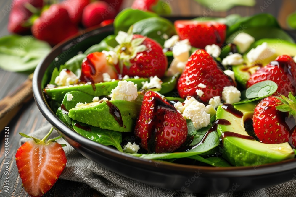 Vibrant avocado and strawberry salad with spinach, feta cheese, and a balsamic glaze Vibrant avocado and strawberry salad with spinach, feta cheese, and a balsamic glaze