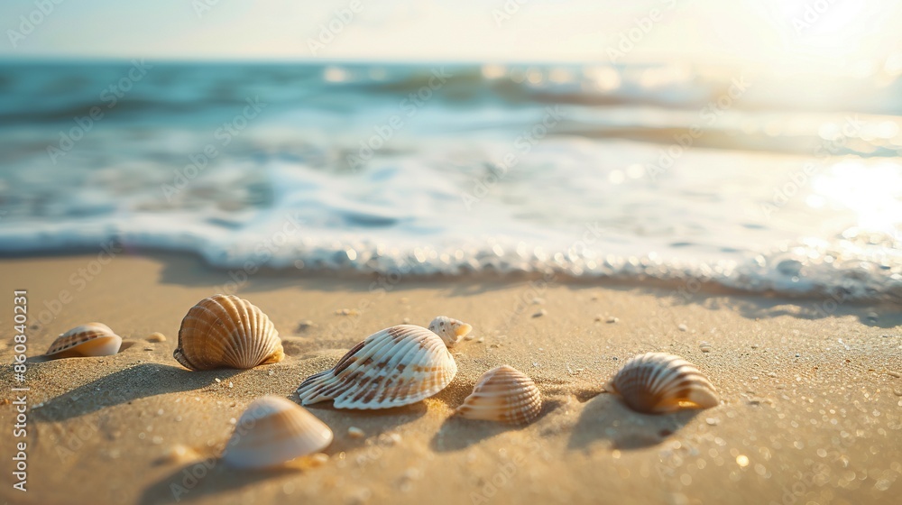 Scenic Sandy Beach with Seashells - Ideal for a Relaxing Seaside Vacation with Ample Copy Space Scenic Sandy Beach with Seashells - Ideal for a Relaxing Seaside Vacation with Ample Copy Space