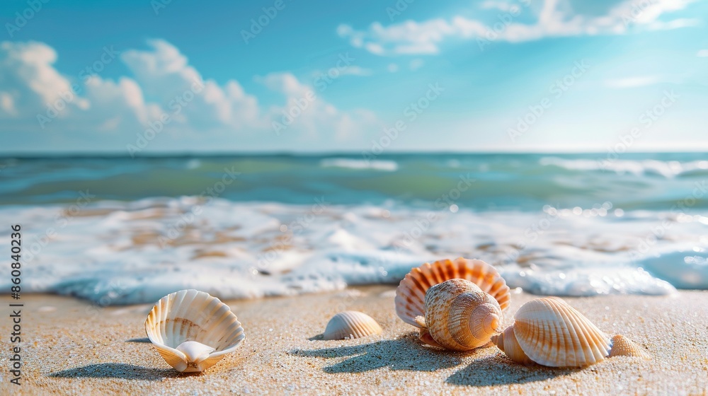 Scenic Sandy Beach with Seashells - Ideal for a Relaxing Seaside Vacation with Ample Copy Space Scenic Sandy Beach with Seashells - Ideal for a Relaxing Seaside Vacation with Ample Copy Space