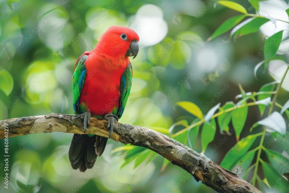 A vibrant King Parrot with its bright red head and green wings, perched on a tree branch A vibrant King Parrot with its bright red head and green wings, perched on a tree branch