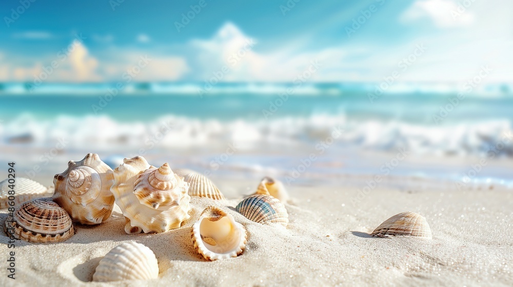 Tranquil Seaside Scene: Seashells on Sandy Beach with Plenty of Copy Space for Vacation Imagery Tranquil Seaside Scene: Seashells on Sandy Beach with Plenty of Copy Space for Vacation Imagery