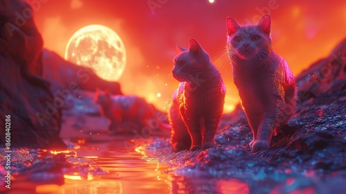 Discover the harmonious dance of cats with liquid metallic fur playing under a holographic sky, their neon-light reflections shimmering with the allure of a chromatic moon. Illustration, Minimalism,