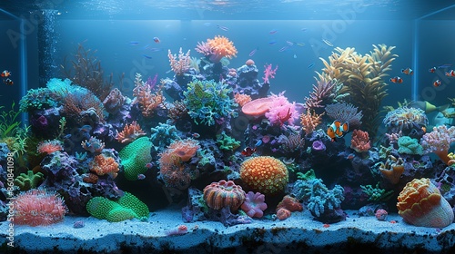 Discover the beauty of marine aquarium setups with realistic illustrations ideal for pet care guides. Illustration, Minimalism,