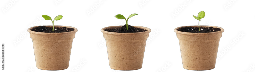 Biodegradable Plant Pots With Seedlings Sprouting. Isolated on a Transparent Background. Cutout PNG. Biodegradable Plant Pots With Seedlings Sprouting. Isolated on a Transparent Background. Cutout PNG.