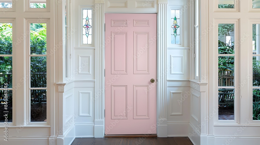 door in a soft powder pink, nestled within a cottage-style entry framed by white wainscoting and leaded glass windows door in a soft powder pink, nestled within a cottage-style entry framed by white wainscoting and leaded glass windows
