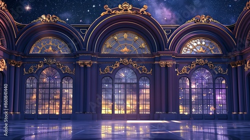 grand ballroom with a dark violet exterior, large arched windows, and ornate gold detailing, hosting a gala event under the stars