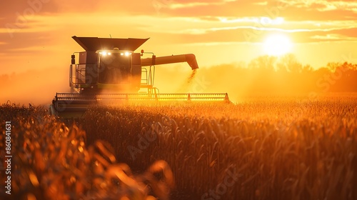 Combine Harvester Working at Sunset photo