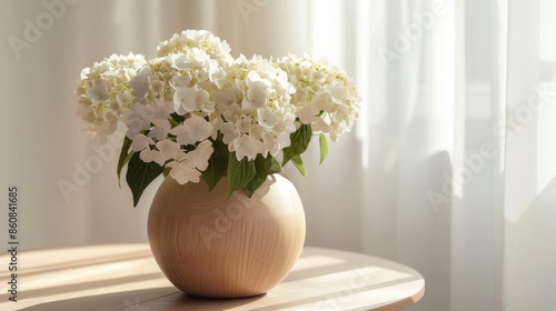 Flower stand with light wood and minimalist Scandinavian design featuring white lilies isolated on a solid bright room