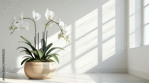 Flower stand with light wood and minimalist Scandinavian design featuring white lilies isolated on a solid bright room photo