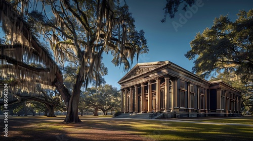 historic courthouse with a dark mahogany exterior, classical pillars, and old oak trees draped in Spanish moss, under a clear blue sky