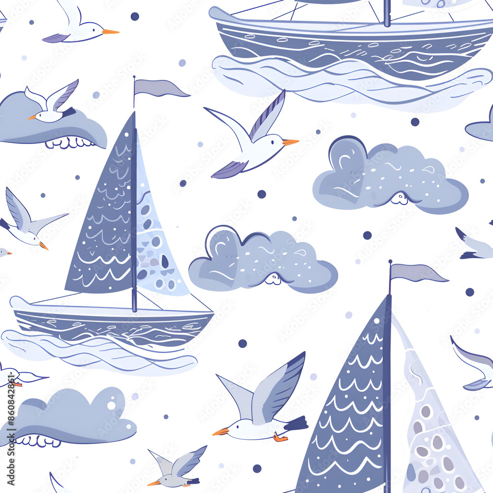 Cute Sailboat and Seagulls Pattern Cute Sailboat and Seagulls Pattern