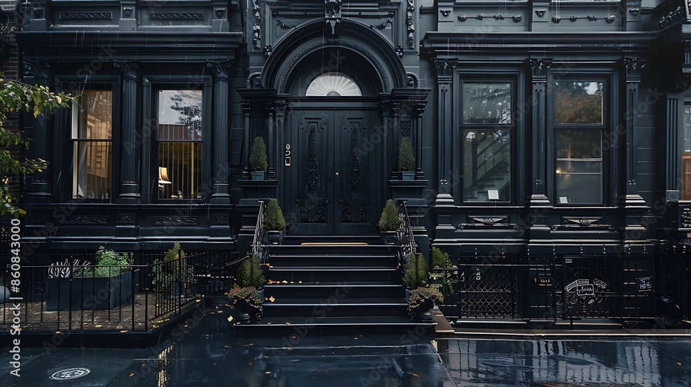 historic townhouse with a velvety matte black paint, featuring classic wrought iron details, on a rainy day historic townhouse with a velvety matte black paint, featuring classic wrought iron details, on a rainy day