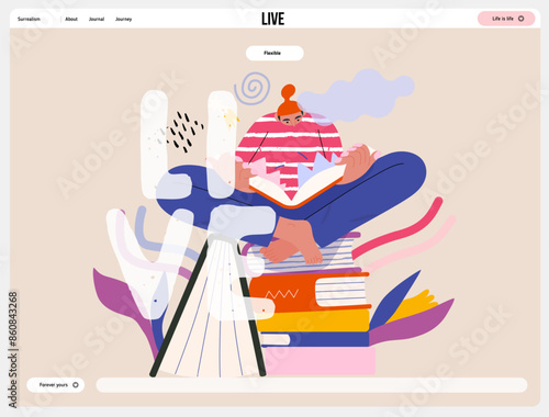 Life Unframed: Book universe -modern flat vector concept illustration of a reader on stack of books. Metaphor of unpredictability, imagination, whimsy, cycle of existence, play, growth and discovery