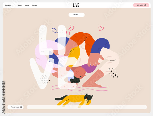 Life Unframed: Yoga -modern flat vector concept illustration of man tied himself in knot, doing yoga. Metaphor of unpredictability, imagination, whimsy, cycle of existence, play, growth and discovery