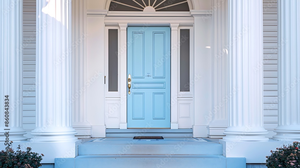 door in sky blue, accented with brushed nickel hardware, set within a crisp white entry with classic pilasters and a fanlight overhead door in sky blue, accented with brushed nickel hardware, set within a crisp white entry with classic pilasters and a fanlight overhead