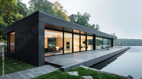 minimalist architecta??s home with a slate black exterior, clean lines, and expansive glass windows overlooking a secluded lake photo