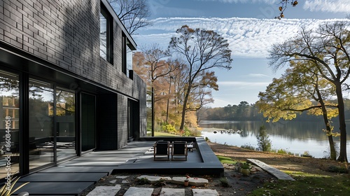 minimalist architecta??s home with a slate black exterior, clean lines, and expansive glass windows overlooking a secluded lake photo