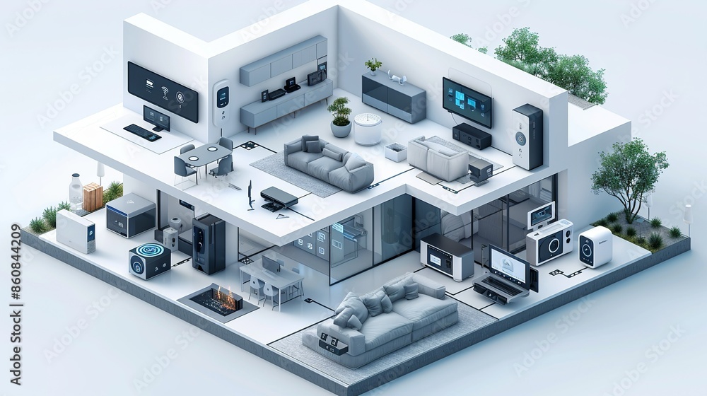 Showcase home automation systems with illustrations of integrated smart home devices. Illustration, Minimalism, Showcase home automation systems with illustrations of integrated smart home devices. Illustration, Minimalism,