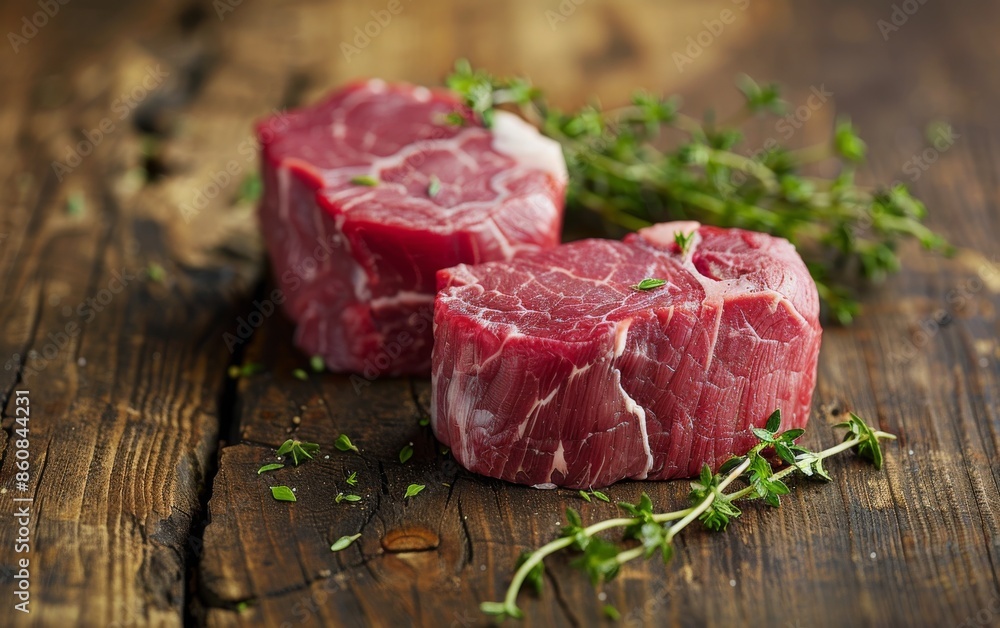 Raw Beef Tenderloin Steaks on Rustic Wooden Board With Thyme Raw Beef Tenderloin Steaks on Rustic Wooden Board With Thyme