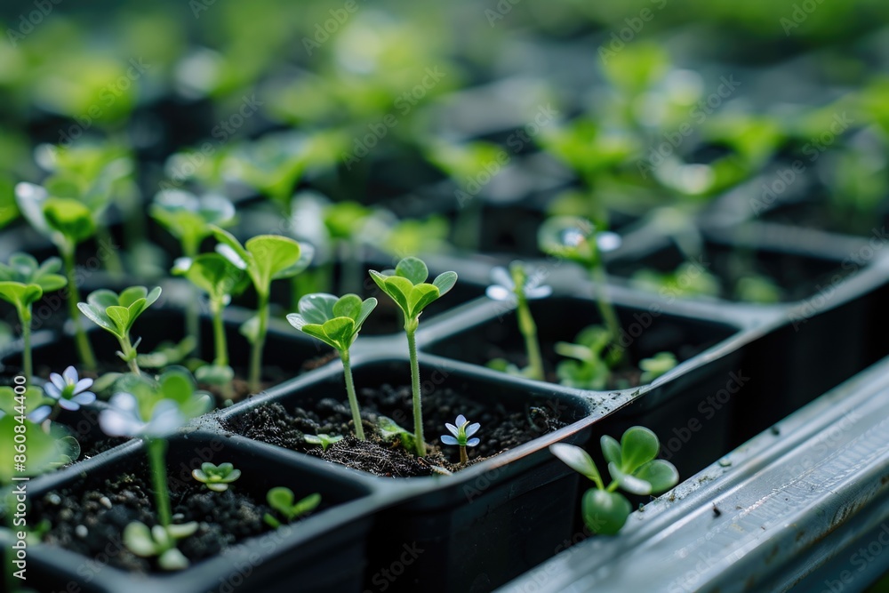 A close-up view of a tray containing multiple seedlings, great for use in agriculture or gardening scenes A close-up view of a tray containing multiple seedlings, great for use in agriculture or gardening scenes
