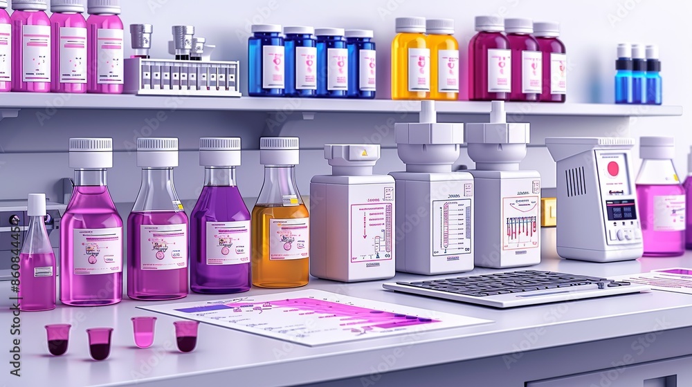 Explain HPLC chromatography techniques with technical diagrams of analytical instruments. Illustration, Minimalism, Explain HPLC chromatography techniques with technical diagrams of analytical instruments. Illustration, Minimalism,