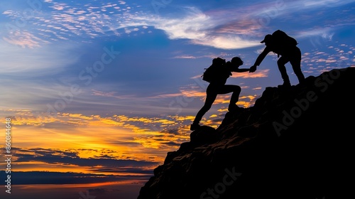 Sunset Silhouette Hikers Helping Each Other Climb Mountain Outdoor Adventure Journey