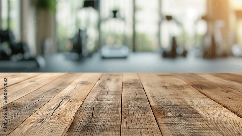 Empty wooden table with blurred fitness center background Empty wooden table with blurred fitness center background