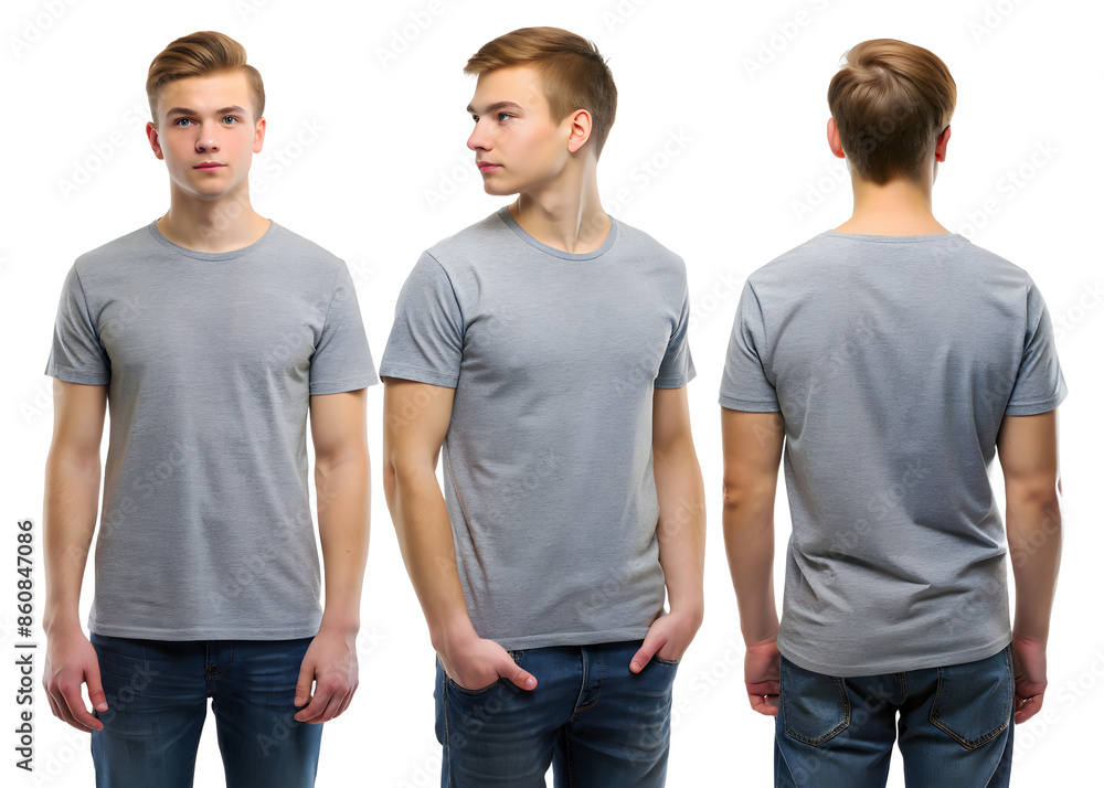 A Young Male in Grey T-Shirt, Front and Back View, a Mockup A Young Male in Grey T-Shirt, Front and Back View, a Mockup