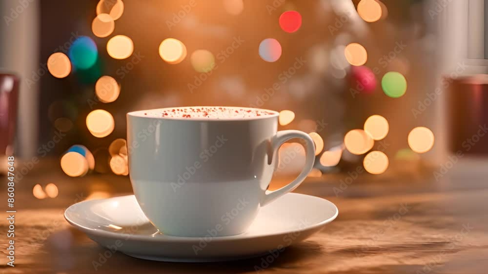 Coffee Cup on Table With Christmas Lights Generative AI Coffee Cup on Table With Christmas Lights Generative AI