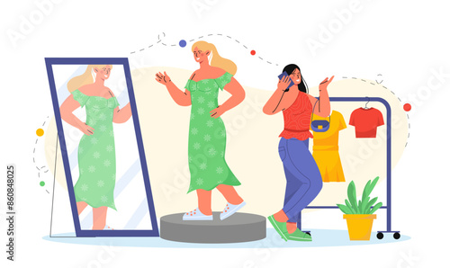 Women in clothing store. Girls choose dresses and trendy clothes. Customers in fitting room of boutique. Aesthetics and elegance, trend. Cartoon flat vector illustration
