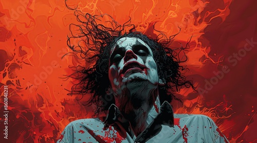 A psychotic character, with wild hair and a crazed expression, depicted in a dramatic pose, perfect for horror illustrations, thriller book covers, and psychological thriller advertisements.
