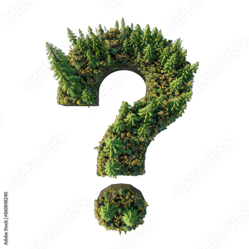 Forest Question Mark Symbol , 3d Render Highlighting Tree Textures, Sustainability. Isolated on a Transparent Background. Cutout PNG.