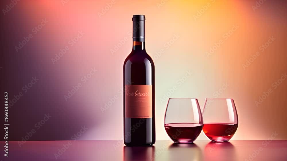 Red Wine Bottle and Glasses on Colorful Background Generative AI Red Wine Bottle and Glasses on Colorful Background Generative AI
