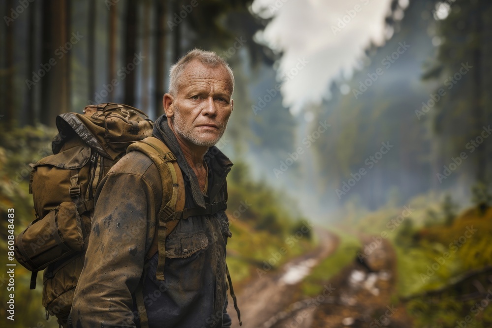 Obraz premium Lost Dirty Man in Forest - Concept of Survival and Struggle