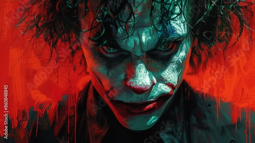 A psychotic character, with wild hair and a crazed expression, depicted in a dramatic pose, perfect for horror illustrations, thriller book covers, and psychological thriller advertisements.