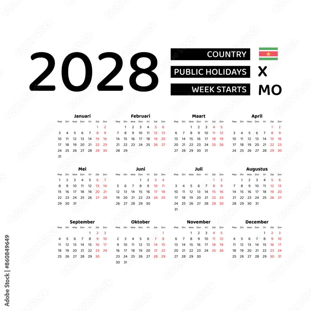 Calendar 2028 Dutch language with Suriname public holidays. Week starts from Monday. Graphic design vector illustration. Calendar 2028 Dutch language with Suriname public holidays. Week starts from Monday. Graphic design vector illustration.