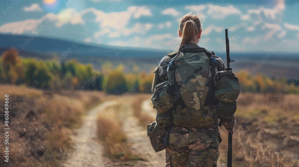 A person carrying a backpack and rifle on a dirt path, possibly for hunting or camping A person carrying a backpack and rifle on a dirt path, possibly for hunting or camping