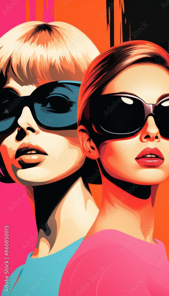 Retro illustration of two stylish women from the 1960s in sunglasses. Against blue and orange backdrop, capturing pop art era essence with a modern twist. Vertical composition. Retro illustration of two stylish women from the 1960s in sunglasses. Against blue and orange backdrop, capturing pop art era essence with a modern twist. Vertical composition.