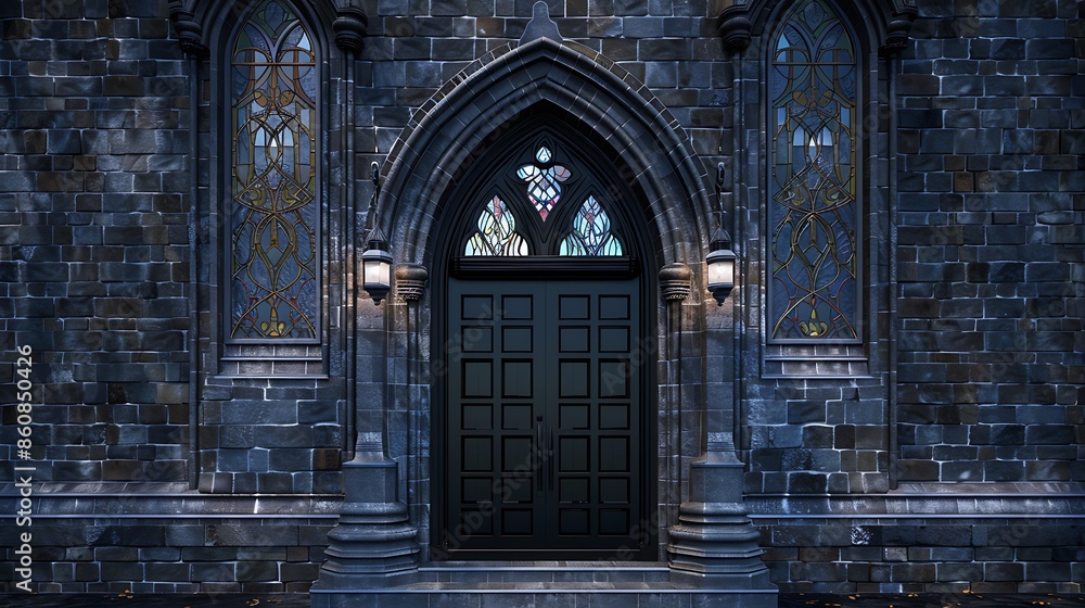Gothic Revival entryway with a jet-black door, featuring pointed arches and stained glass panels, set against a facade of dark bricks Gothic Revival entryway with a jet-black door, featuring pointed arches and stained glass panels, set against a facade of dark bricks