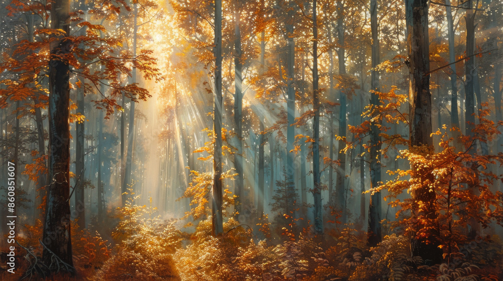 A painting of a forest with trees and leaves A painting of a forest with trees and leaves