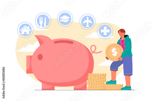 Man with budget. Guy stands with coin near piggy bank. Financial literacy and passive income. Evaluation of budget and savings. Budgeting and accounting. Cartoon flat vector illustration