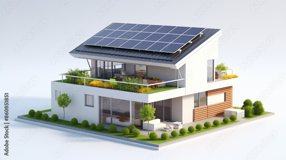 Miniature house model with solar panels on the roof, surrounded by small trees and greenery, perfect for promoting renewable energy and eco-friendly living concepts.
Miniature house model with solar panels on the roof, surrounded by small trees and greenery, perfect for promoting renewable energy and eco-friendly living concepts.