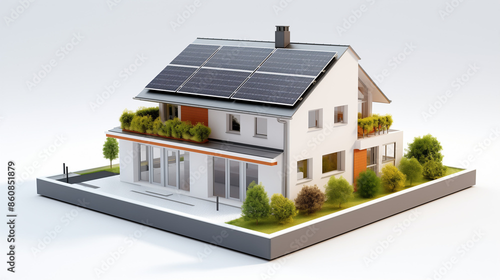 Miniature house model with solar panels on the roof, surrounded by small trees and greenery, perfect for promoting renewable energy and eco-friendly living concepts.
Miniature house model with solar panels on the roof, surrounded by small trees and greenery, perfect for promoting renewable energy and eco-friendly living concepts.