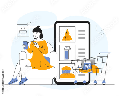 Woman buy food online. Young girl orders groceries on internet. Electronic commerce and home delivery. Customer with digital payment. Linear flat vector illustration