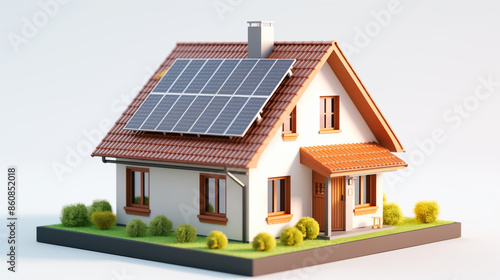 Miniature house model with solar panels on the roof, surrounded by small trees and greenery, perfect for promoting renewable energy and eco-friendly living concepts.