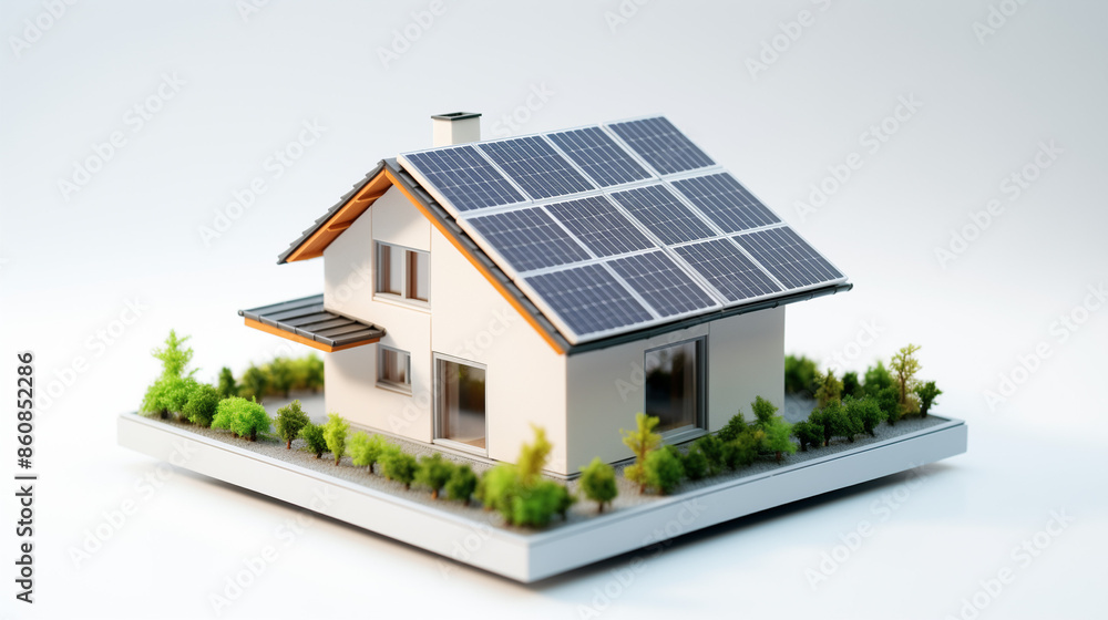 Miniature house model with solar panels on the roof, surrounded by small trees and greenery, perfect for promoting renewable energy and eco-friendly living concepts.
Miniature house model with solar panels on the roof, surrounded by small trees and greenery, perfect for promoting renewable energy and eco-friendly living concepts.